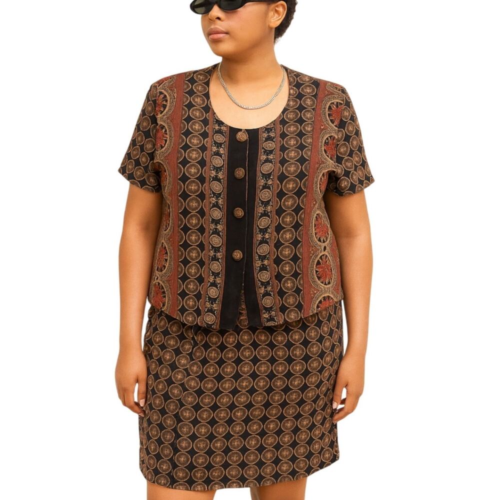 Vintage Brown Red Geometric Button Up Short Sleeve Top Skirt Suit Set size M - Picture 2 of 16